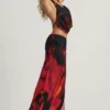 Keona maxi-rok met split en middelhoge taille in rode vage print