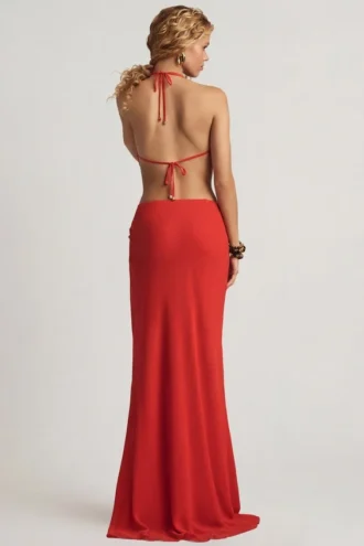 Keona mid-rise maxi-rok met split in Chili Red