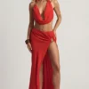 Keona mid-rise maxi-rok met split in Chili Red