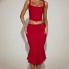 Koraalkleurige kanten midi-rok met geribbelde zoom en middelhoge taille in True Red