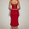 Koraalkleurige kanten midi-rok met geribbelde zoom en middelhoge taille in True Red