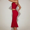Koraalkleurige kanten midi-rok met geribbelde zoom en middelhoge taille in True Red