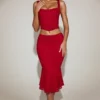 Koraalkleurige kanten midi-rok met geribbelde zoom en middelhoge taille in True Red