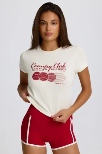 Kort T-shirt met print in ivoor