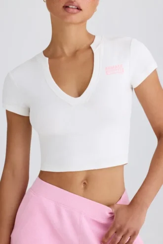 Kort T-shirt van stretchkatoenjersey met grafische print in wit