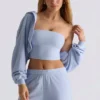 Korte bolero met capuchon van geborsteld jersey in zachtblauw