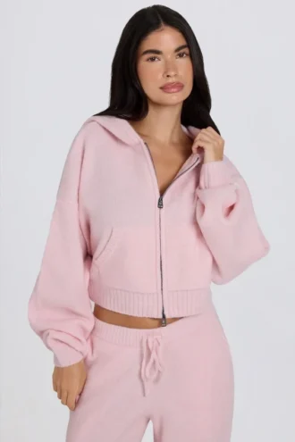 Korte hoodie met ritssluiting van zacht gebreid materiaal in zachtroze