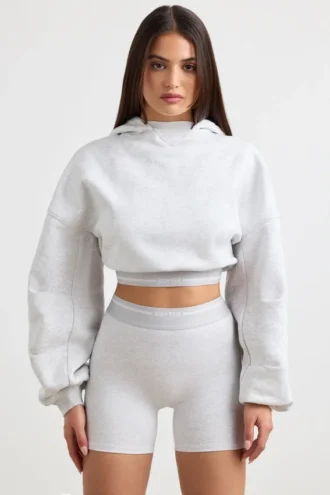 Korte hoodie van stretchkatoenfleece in grijs gemêleerd