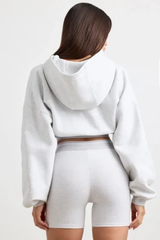 Korte hoodie van stretchkatoenfleece in grijs gemêleerd