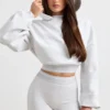 Korte hoodie van stretchkatoenfleece in grijs gemêleerd