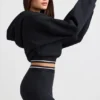 Korte hoodie van stretchkatoenfleece in zwart