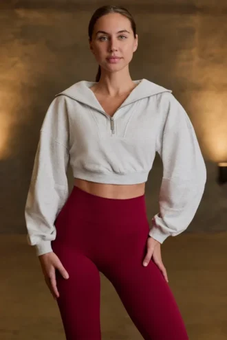 Korte sweater met kwartritssluiting in grijs gemêleerd