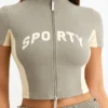 Korte top met ritssluiting en kleurblokken van katoenen jersey in Mineral