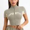 Korte top met ritssluiting en kleurblokken van katoenen jersey in Mineral