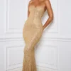 Krystelle versierde fishtail maxi-jurk in goud