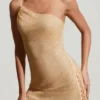 Kylie versierde asymmetrische ultrakorte minijurk in goud