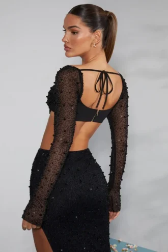 La Desirade versierde crop top met col in zwart