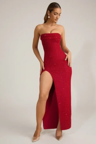 La Rochette versierde strapless maxi-jurk met cowl-hals in True Red