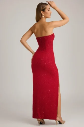 La Rochette versierde strapless maxi-jurk met cowl-hals in True Red