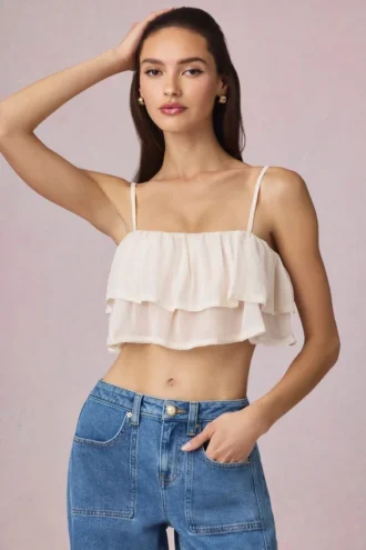 Lacie cropped camisole top met ruches in ivoor