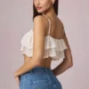 Lacie cropped camisole top met ruches in ivoor