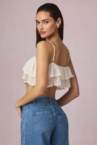 Lacie cropped camisole top met ruches in ivoor