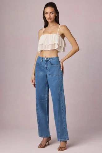 Bobbi mid-rise jeans met wijd uitlopende pijpen in middenblauwe wassing