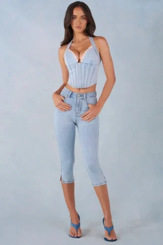 Landon mid-rise denim capri-jeans in licht denim