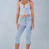 Landon mid-rise denim capri-jeans in licht denim