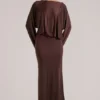 Lani gedrapeerde maxi-jurk met lange mouwen in chocoladebruin