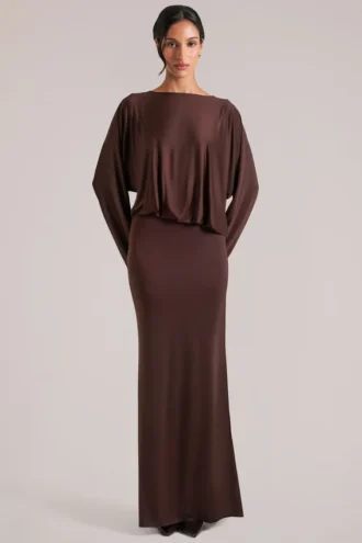 Lani gedrapeerde maxi-jurk met lange mouwen in chocoladebruin