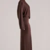 Lani gedrapeerde maxi-jurk met lange mouwen in chocoladebruin
