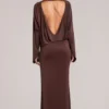 Lani gedrapeerde maxi-jurk met lange mouwen in chocoladebruin
