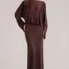 Lani gedrapeerde maxi-jurk met lange mouwen in chocoladebruin