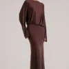 Lani gedrapeerde maxi-jurk met lange mouwen in chocoladebruin