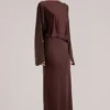 Lani gedrapeerde maxi-jurk met lange mouwen in chocoladebruin