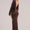 Lani gedrapeerde maxi-jurk met lange mouwen in chocoladebruin
