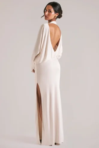 Lani maxi-jurk met lange mouwen en drapering in ivoor