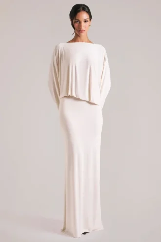 Lani maxi-jurk met lange mouwen en drapering in ivoor