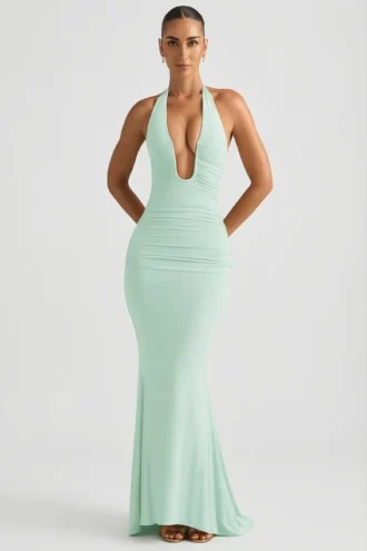 Laverna gerimpelde rugloze halterjurk in mint