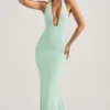 Laverna gerimpelde rugloze halterjurk in mint