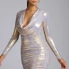 Layla mini-jurk met lange mouwen van metallic jersey in lichtgoud