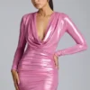 Layla mini-jurk met lange mouwen van metallic jersey in roze