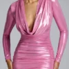 Layla mini-jurk met lange mouwen van metallic jersey in roze