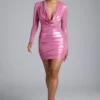 Layla mini-jurk met lange mouwen van metallic jersey in roze