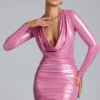 Layla mini-jurk met lange mouwen van metallic jersey in roze