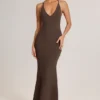 Leire Modal Plunge rugloze maxi-jurk in chocoladebruin