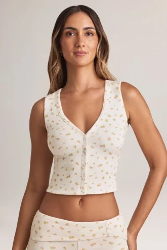 Lene Modal geribbeld vestje met knoopsluiting in bloemenprint