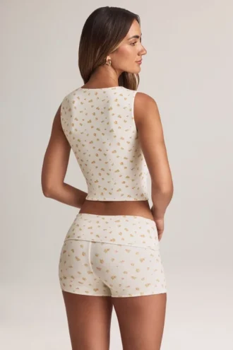 Lene Modal geribbeld vestje met knoopsluiting in bloemenprint