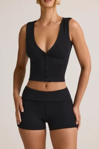 Lene Modal geribbeld vestje met knoopsluiting in zwart